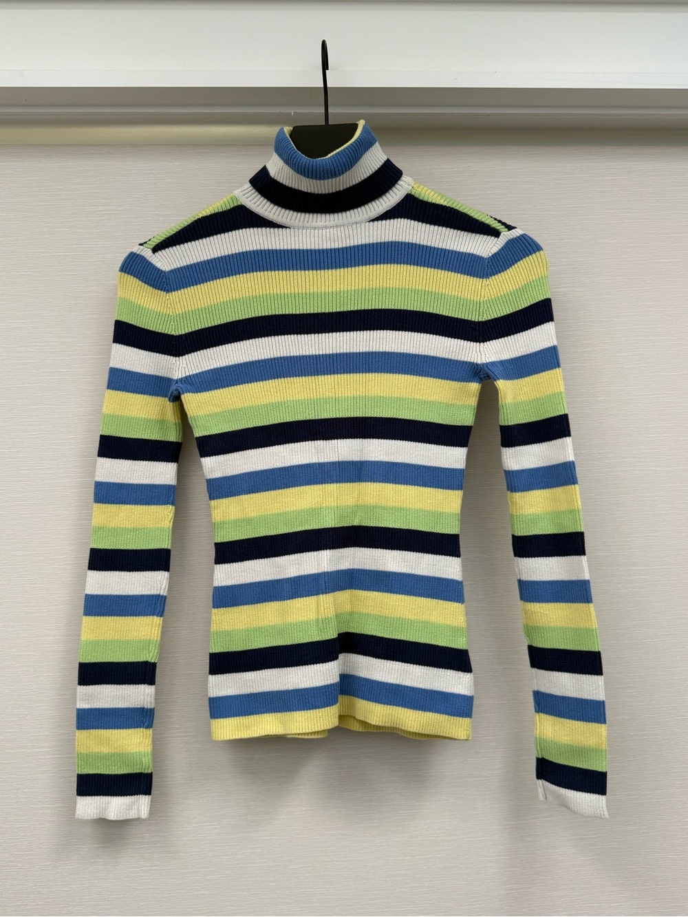 STAUD Striped Ribbed Turtleneck Sweater in Blue, Yellow, White & Navy